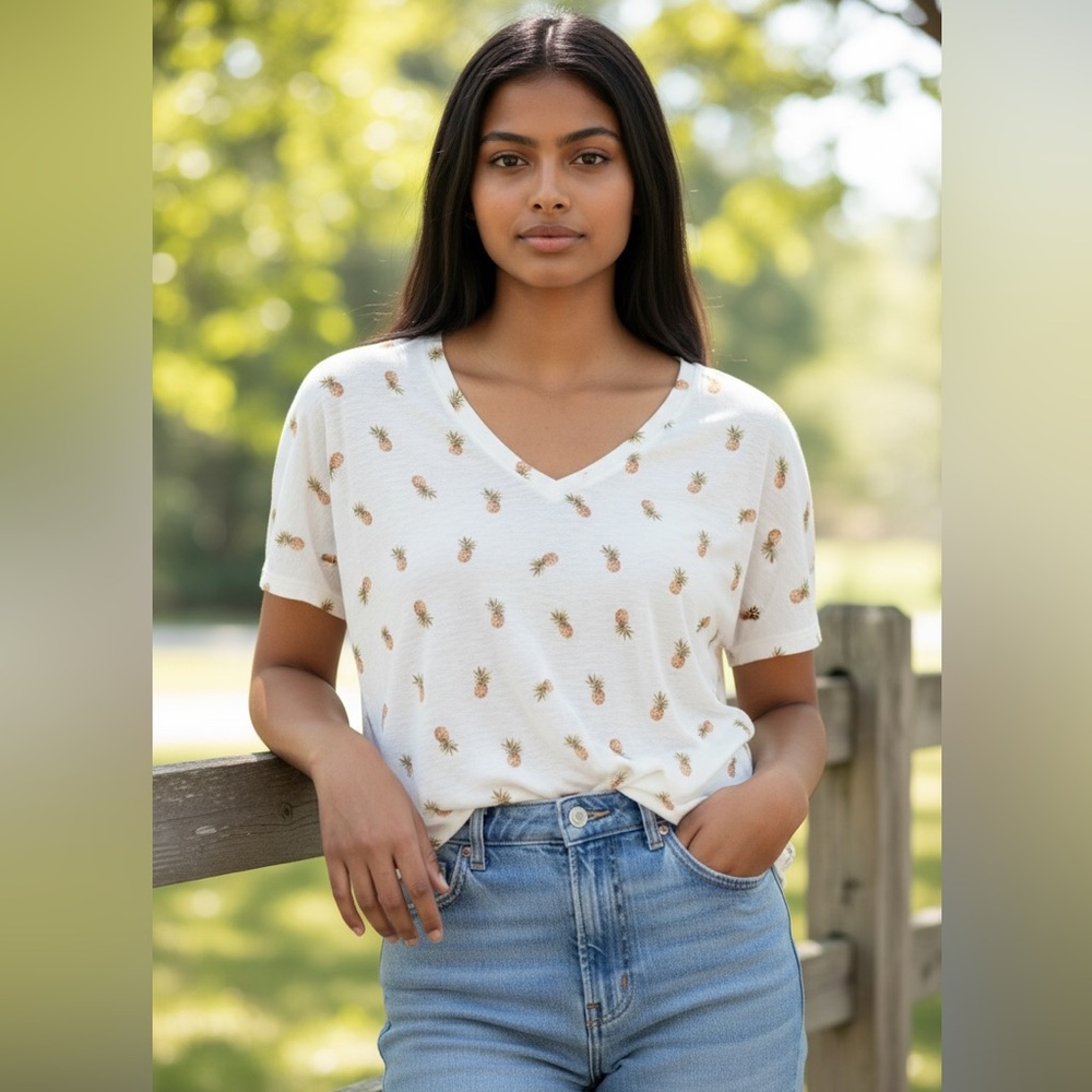 Rails Women’s White Pineapple Print VNeck Linen Blend T-Shirt – XL, Short Sleeve